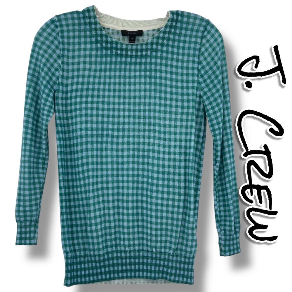 J Crew Merino Wool Gingham Sweater Green Blue Check Crewneck Flaw Womens Sz XS
